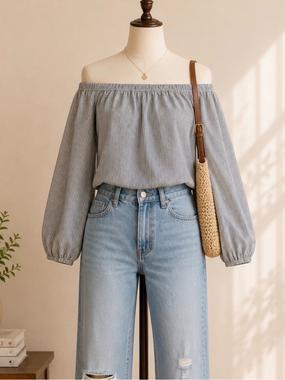 Brandy Melville Blue White Stripe Off Shoulder Long Sleeve Cotton Crop Top O/S